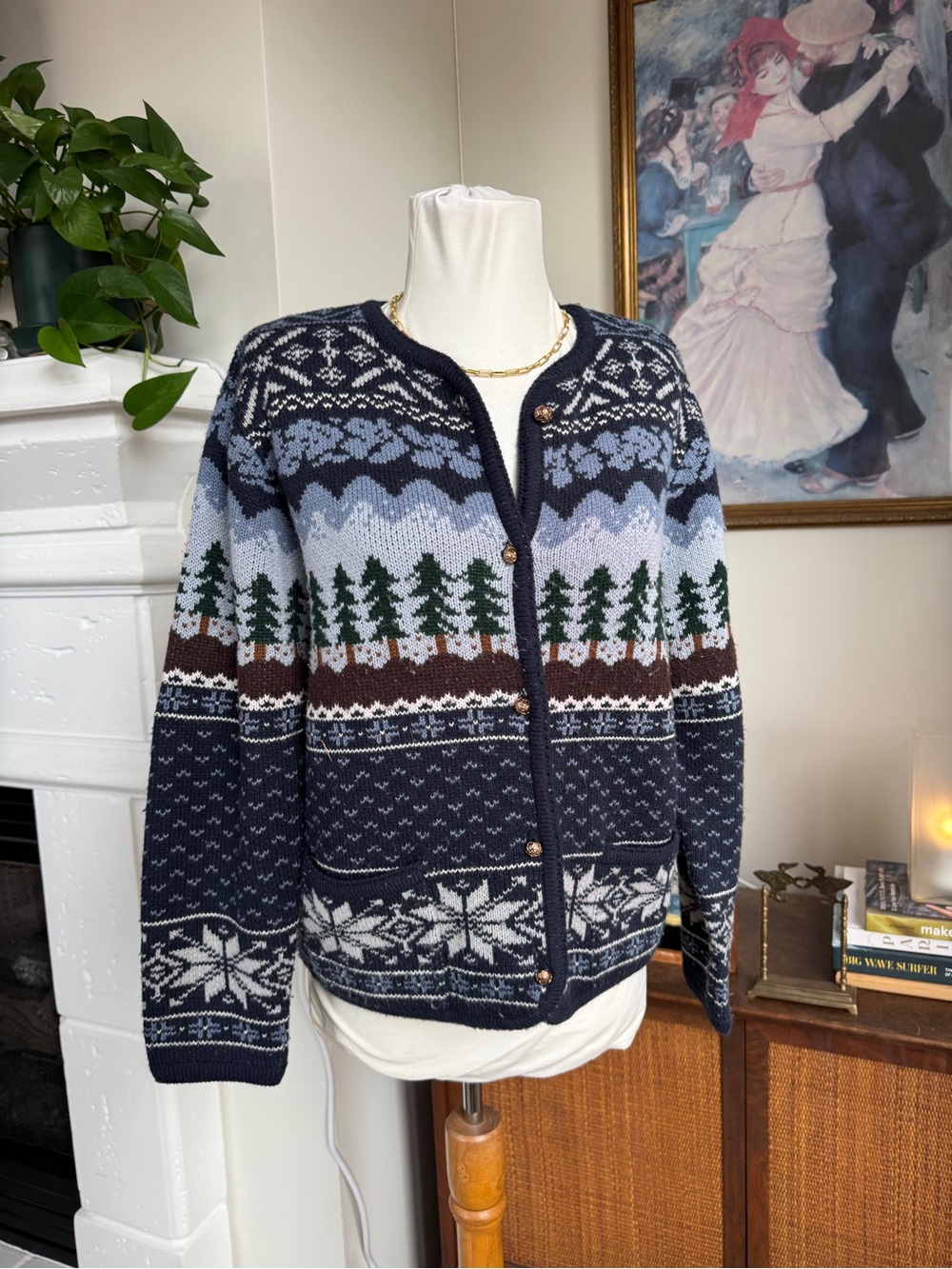 Navy Woodland Patterned Crystal Kobe Cardigan Sweater - L